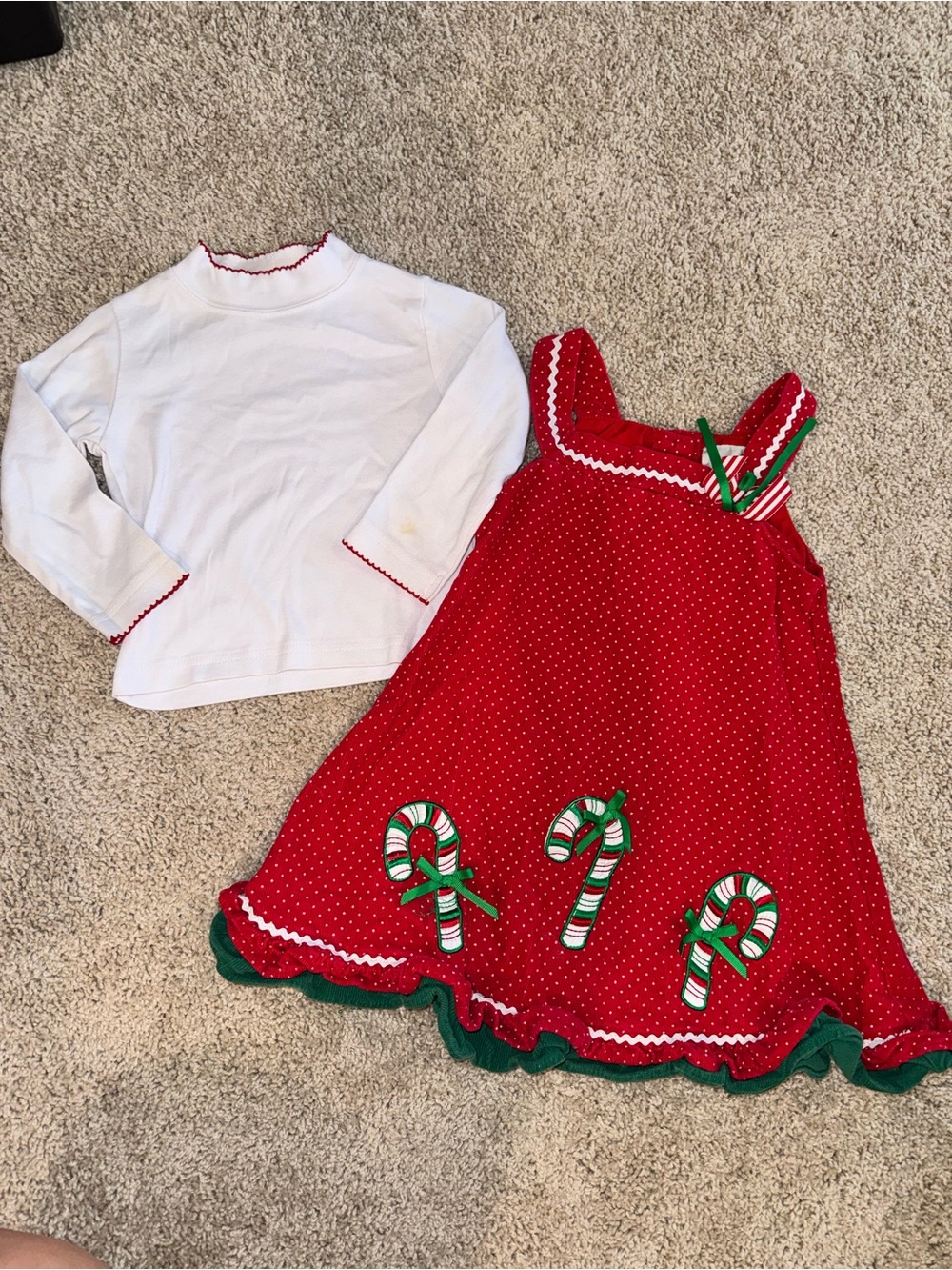 Red Polka Dot Candy Cane Holiday Dress with White Long Sleeve Top